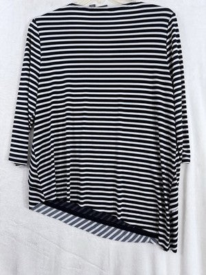Chicos Travelers Tops Size 2 Large Navy Blue Striped Asymmetrical  3/4 Sleeve