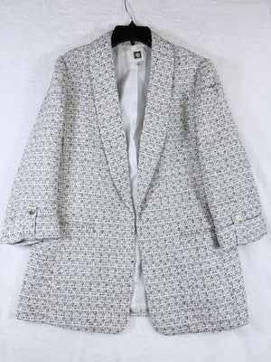 Anne Klein Blazer Medium Long Jacket Open Front Gray Gold Tweed Jacket Womens