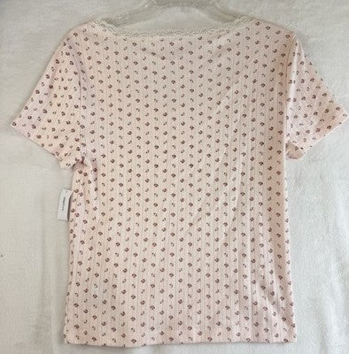 Gap Body Pajama Top Womens Medium Pink Floral Pointelle PJ Short Sleeve New NWT
