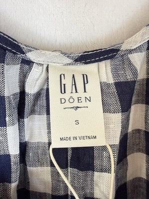 Gap X Doen Dress Small Blue Gingham 100% Linen Midi Short Sleeve Womens New NWT