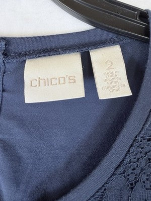Chicos Tops Size 2 Blue Long Sleeve Knit W/ Lace Overlay Blouse Large Womens