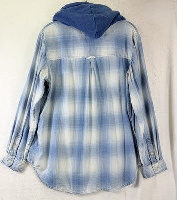 American Eagle Flannel Shirt Hoodie Medium Cozy Cabin Blue Plaid Womens