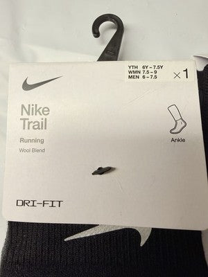 Nike Trail Running Socks Men 6-7.5 Women 7.5-9 Black Medium Ankle Wool New Lot
