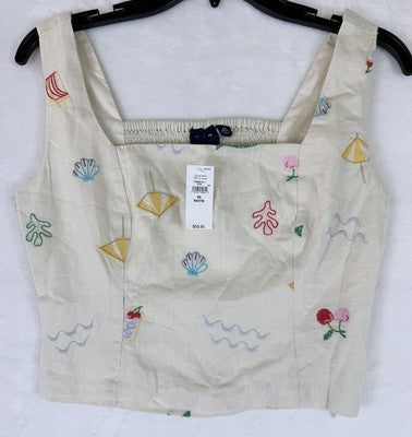 Gap Crop Top XS Petite Linen Blend Embroidered Tan Beige Sleeveless Women New