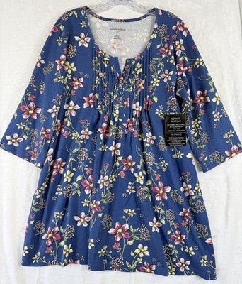 Woman Within Tops 3/4 Sleeve Tunic Henley Blue Floral 14 16 Plus Size Womens