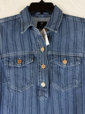 Gap Denim Mini Dress XS Women Blue Short Sleeve Boho Striped Pockets New NWT