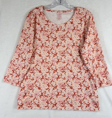 LL Bean Womens XL Pima Cotton Top Shaped 3/4 Sleeve Floral Print Jewel Neck