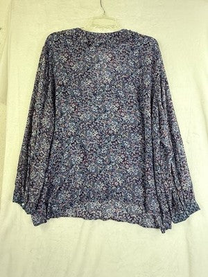 J Jill XL Top V Neck Long Sleeve Ruffle Lightweight Blue Floral Print Rayon