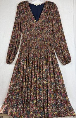 Boden Dress 4 Fit Flare Midi Navy Blue Floral Long Sleeve V Neck Boho Womens