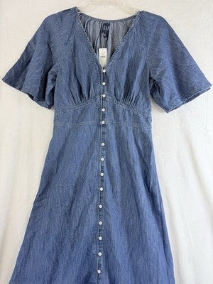 Gap Denim Dress Small Women Short Sleeve Maxi Blue Flutter Sleeve Fit Flare New