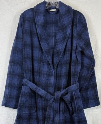 LL Bean Fleece Wrap Robe Women XS Blue Plaid Tie Belt Pockets