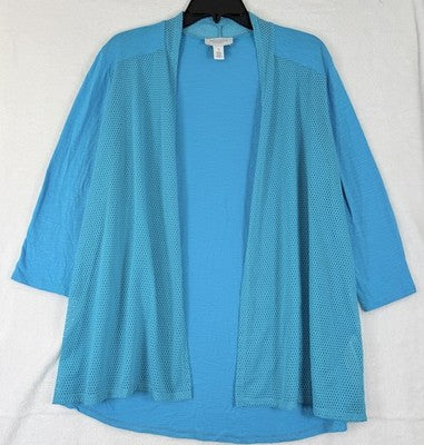 Weekend By Chicos Size 1 Cardigan Pool Blue Medium Jersey Knit Mesh 3/4 Sleeve