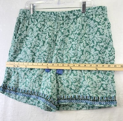 J Jill Love Linen Shorts Green Floral Pull On Womens