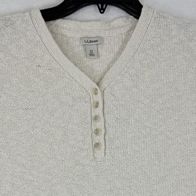 LL Bean Sweater Womens XS Cotton Slub Henley Ivory White Short Sleeve Womens