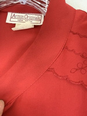 Vintage 70s 80s Red Chiffon Blouse Large Shoulder Pads Secretary Top 9 To 5