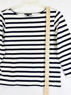 J Crew Top Women Small Boatneck White Navy Blue Striped 3/4 Sleeve 100% Cotton