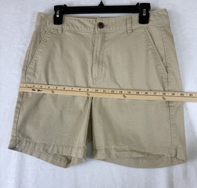 Old Navy Uniform Bermuda Shorts 12 Women Tan Beige Adjustable Waist 7” High Rise