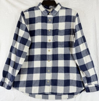 LL Bean Flannel Shirt Womens Large Blue Plaid Organic Cotton Long Sleeve Button