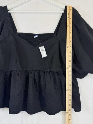 Old Navy XL Top Puff Sleeve Ruched Smocked Babydoll Swing Blouse Women Black New