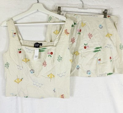 Gap Linen Blend Top Skort Set Medium Womens Beige Embroidered 2Pc Sleeveless New