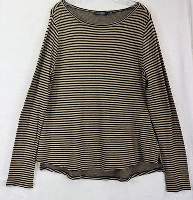 Lauren Ralph Lauren Top XL Black Tan Striped Long Sleeve Knit Long Sleeve