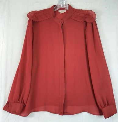 Vintage 70s 80s Red Chiffon Blouse Large Shoulder Pads Secretary Top 9 To 5