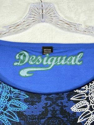 Desigual Top Large Blue Green Print Short Sleeve Dolman Knit