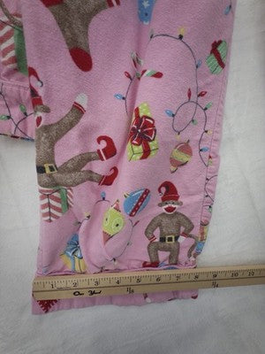 Nick And Nora Pajamas Set Medium Pink Flannel Sock Monkey Christmas Shirt Pants