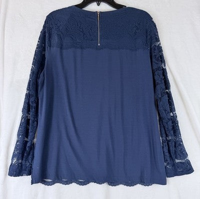 Chicos Tops Size 2 Blue Long Sleeve Knit W/ Lace Overlay Blouse Large Womens