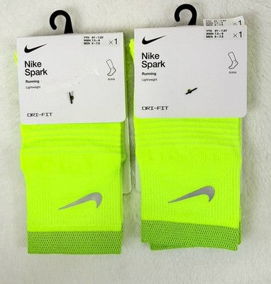 Nike Spark Running Socks Ankle Lot 2 Pairs Men 6-7.5 Women 7.5-9 Medium Volt New