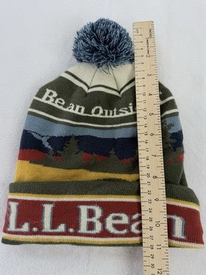 LL Bean Beanie Hat Knit Men Pom Outsider Mountain Scene Winter