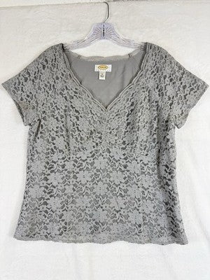 Vintage Talbots Top 14 Petite Gray Lace Overlay Short Sleeve Womens 14P Side Zip