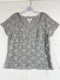 Vintage Talbots Top 14 Petite Gray Lace Overlay Short Sleeve Womens 14P Side Zip