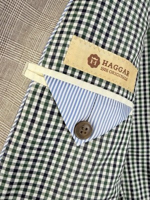 Haggar Blazer 44R Linen Blend Beige Tan Plaid Mens Jacket Sport Coat