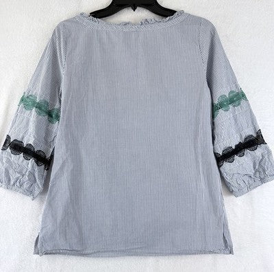 Talbots Top XS Blouse Blue White Striped Puff 3/4 Sleeve 100% Cotton Womens