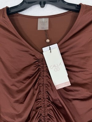 Calia Rash Guard XXL Long Sleeve Ruched Top Red Brown Womens Swim Shirt NEW