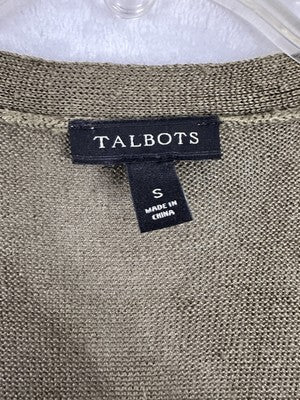 Talbots Small 100% Linen Long Cardigan Open Front Long Sleeve Green White Stripe