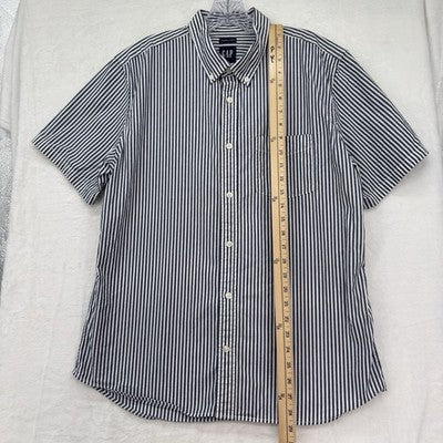 Gap Shirt Men Large Short Sleeve Button Up Blue Striped Cotton Poplin Standard