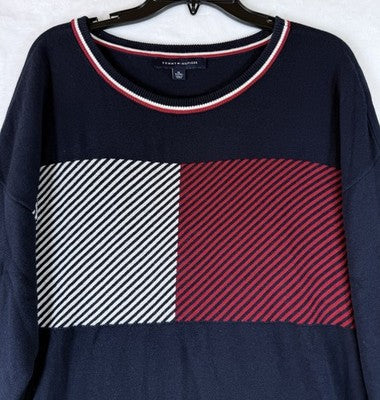 Tommy Hilfiger Sweater XL Top Long Sleeve Navy Blue Red Logo Womens Pullover