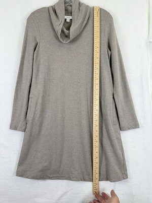 J Jill Dress XS Long Sleeve Cowl Neck Shift Knit Pima Cotton Beige Pockets Pure