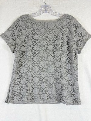 Vintage Talbots Top 14 Petite Gray Lace Overlay Short Sleeve Womens 14P Side Zip