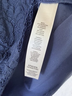 Chicos Tops Size 2 Blue Long Sleeve Knit W/ Lace Overlay Blouse Large Womens