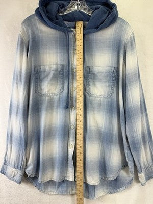 American Eagle Flannel Shirt Hoodie Medium Cozy Cabin Blue Plaid Womens