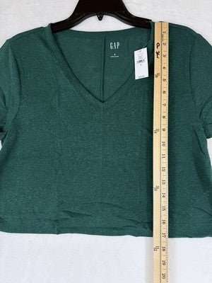 Gap Top Small Women Linen Blend V Neck Crop T Shirt Tee Green New NWT
