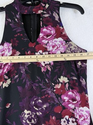 Accidentally In Love Dress XS Sleeveless Mini Black Purple Floral Shift Made USA
