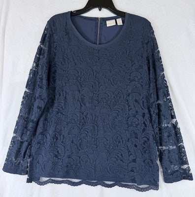 Chicos Tops Size 2 Blue Long Sleeve Knit W/ Lace Overlay Blouse Large Womens