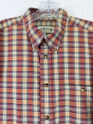 Orvis Mens Large Plaid Button Down Shirt Long Sleeve Orange Red Tan 100% Cotton
