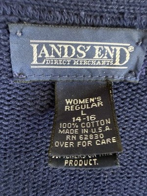 Lands End Cardigan Sweater Women Large Vintage Made In USA 100% Cotton Blue