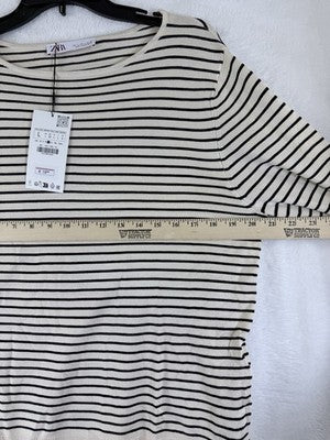 Zara Sweater Womens Large Ivory Black Striped Long Sleeve Lightweight New NWT