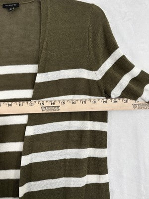 Talbots Small 100% Linen Long Cardigan Open Front Long Sleeve Green White Stripe